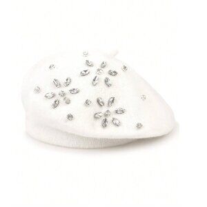 Wool Blend Rhinestone Flower Knitted Beret Cap White